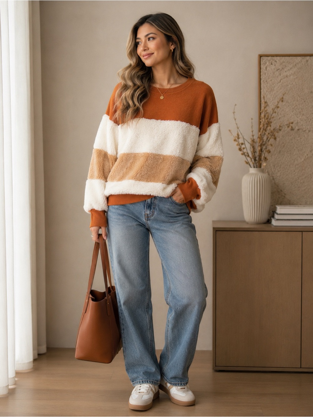 Cozy Colorblock faux-fur Pullover Sweater - Rust, Cream & Tan